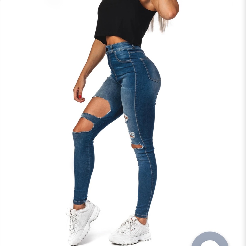 Womens Regular Super Ripped High Waisted Fitjeans - Azure Blue